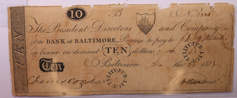 1813 $10, Bank of Baltimore, MD., Obsolete Currency.,