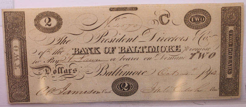 1813 $2, Bank of Baltimore, MD., Obsolete Currency.,