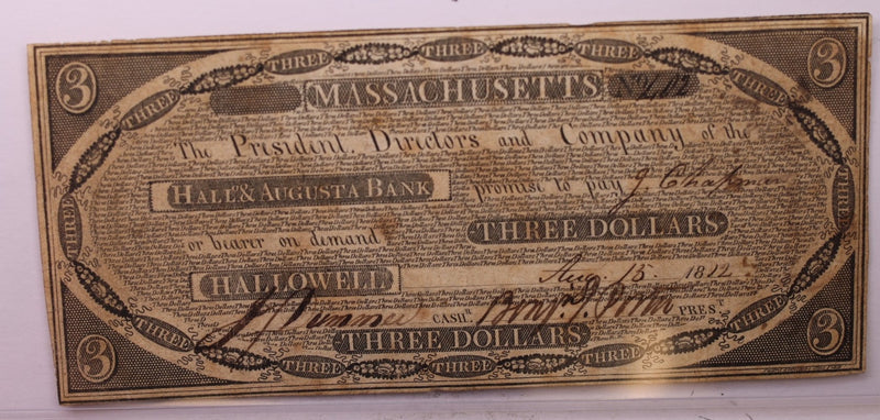 1812 $3, Hall & Augusta Bank, MASS., Obsolete Currency.,