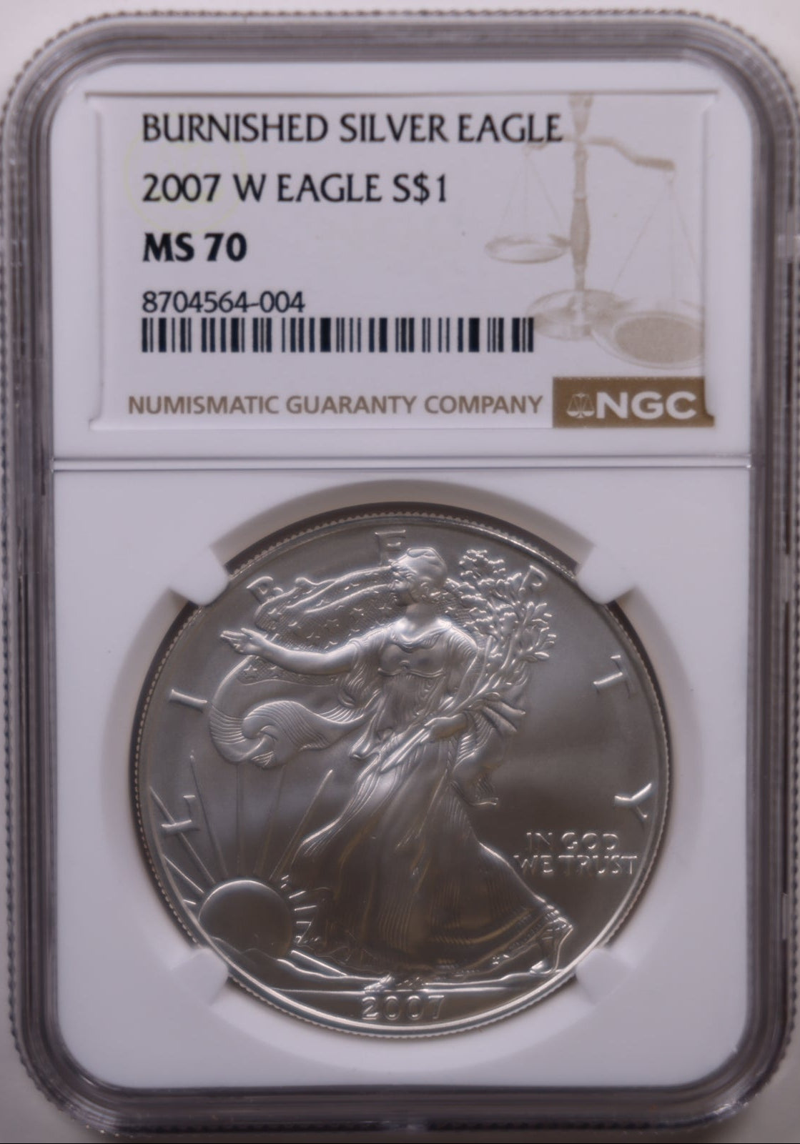 2007-W Burnished American Silver Eagle, NGC MS-70, Store#AE0417