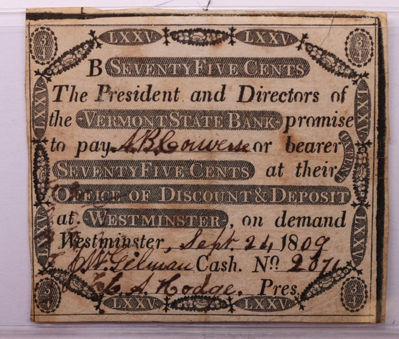 1809 75 Cents, Westminster, Vermont., Obsolete Currency.,