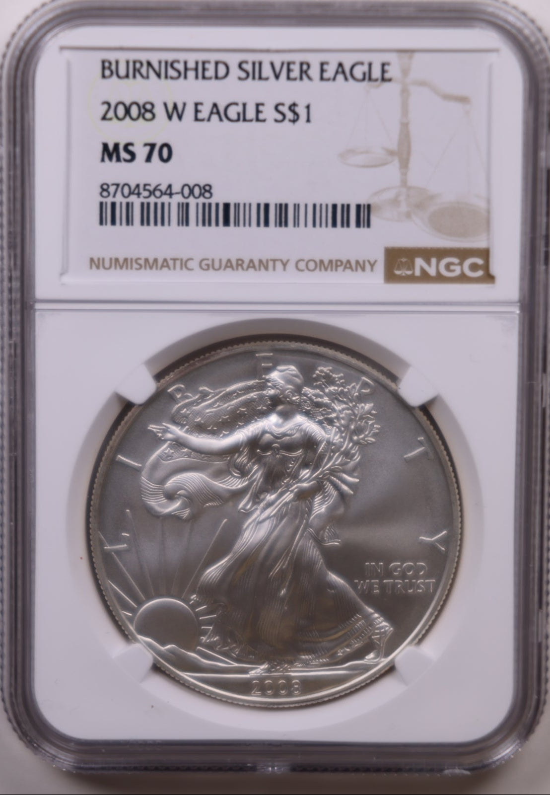 2008-W Burnished American Silver Eagle, NGC MS-70, Store#AE0418