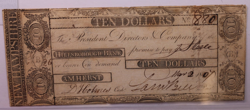 1807 $10, Hillsborough Bank, N.H., Obsolete Currency.,