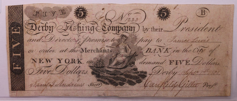 1808 $5, Derby Fish CO., Derby, CT., Obsolete Currency.,