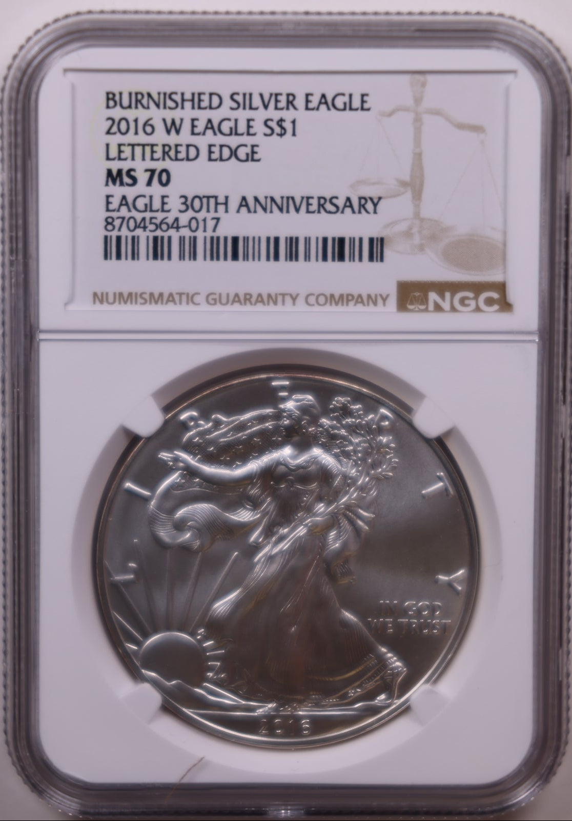 2016-W Burnished American Silver Eagle, Lettered Edge, NGC MS-70, Store#AE0422
