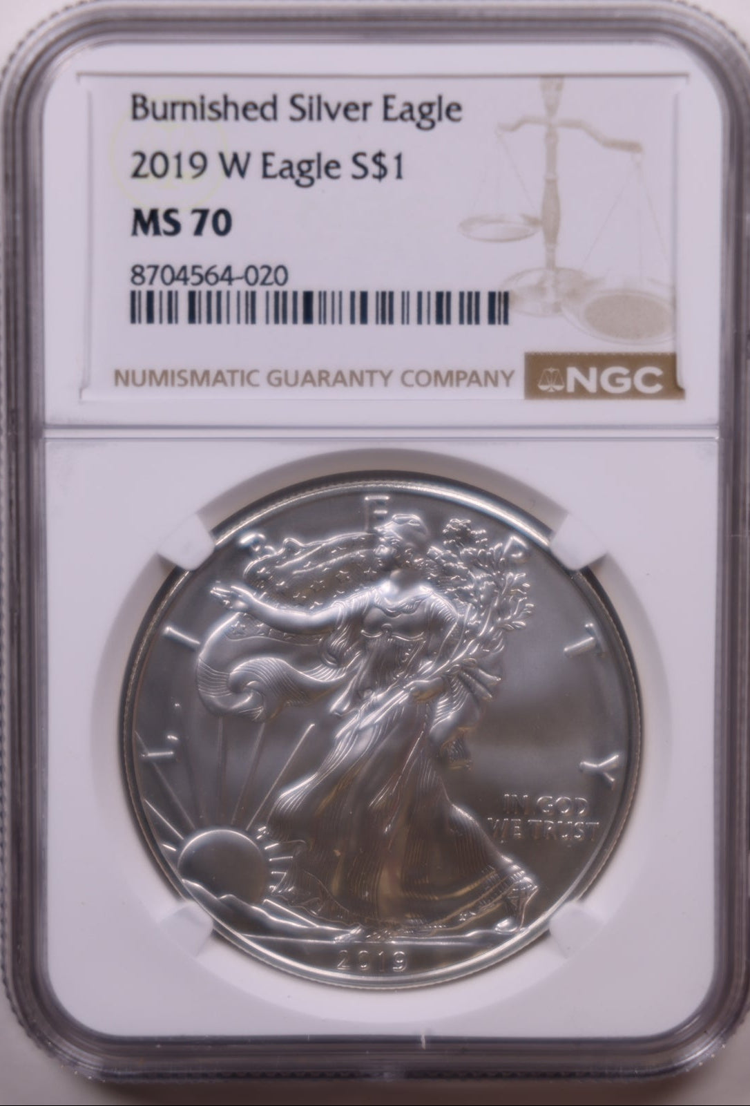 2019-W Burnished American Silver Eagle, NGC MS-70, Store#AE0423