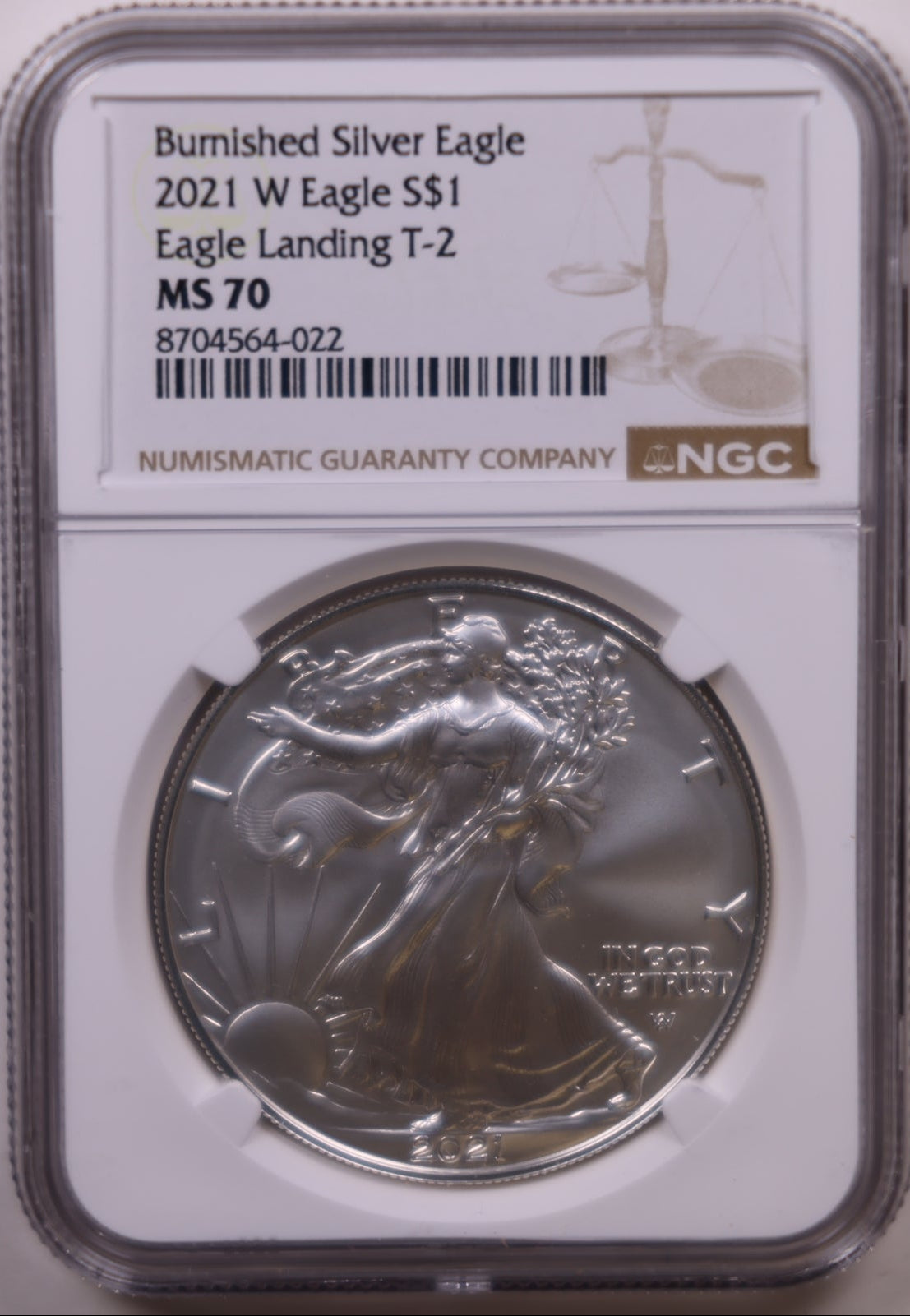 2021-W Burnished American Silver Eagle, Eagle Landing T-2, NGC MS-70, Store#AE0424