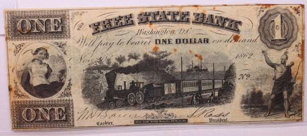 1862 $1 Free State Bank, Wash D.C., Obsolete Currency., #18392