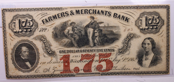 1862 $1.75, Farmers Merchants Bank, Wash D.C., Obsolete Currency., #18394