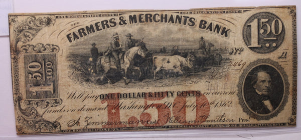 1862 $1.50, Farmers Merchants Bank, Wash D.C., Obsolete Currency., #18395