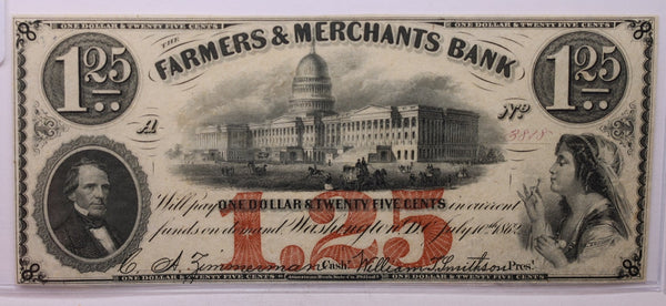 1862 $1.25, Farmers Merchants Bank, Wash D.C., Obsolete Currency., #18396