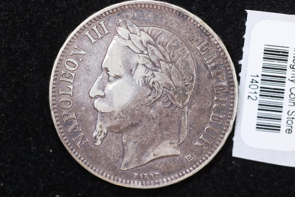 1870 French Silver Five Franc Coin, Affordable Circulated Coin. Store #14012