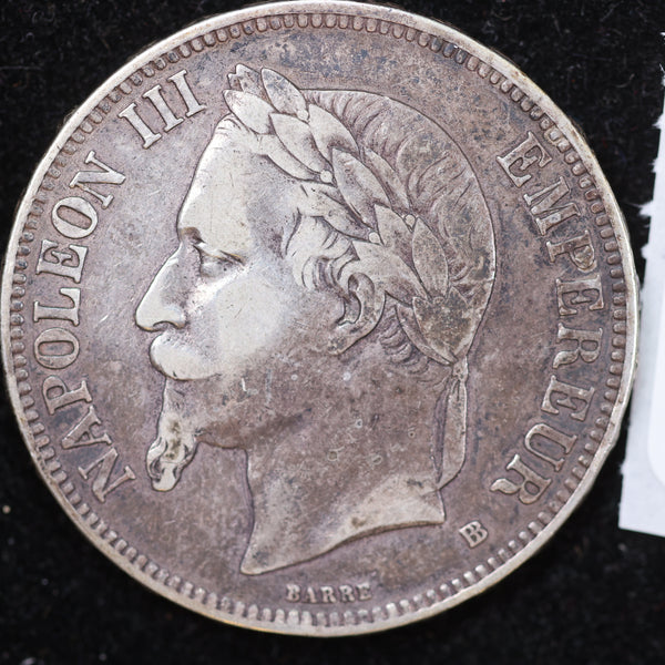 1870 French Silver Five Franc Coin, Affordable Circulated Coin. Store