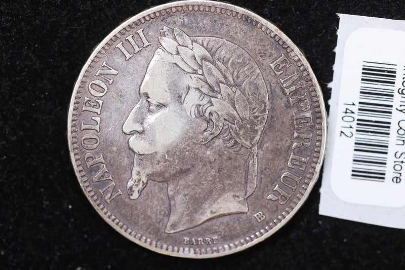 1870 French Silver Five Franc Coin, Affordable Circulated Coin. Store