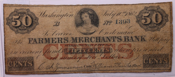 1862 50 Cent, Farmers Merchants Bank, Wash D.C., Obsolete Currency., #18399