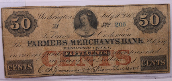 1862 50 Cent, Farmers Merchants Bank, Wash D.C., Obsolete Currency., #18400