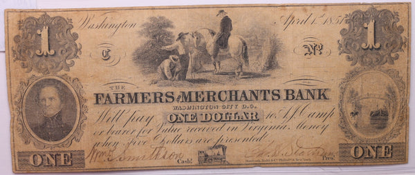 1851 $1, Farmers Merchants Bank, Wash D.C., Obsolete Currency., #18402