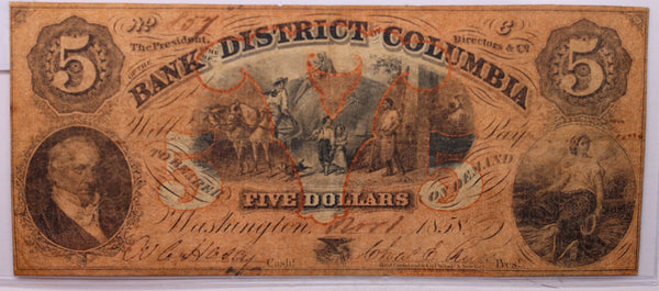 1858 $5, Bank of District Columbia, Wash D.C., Obsolete., #18407