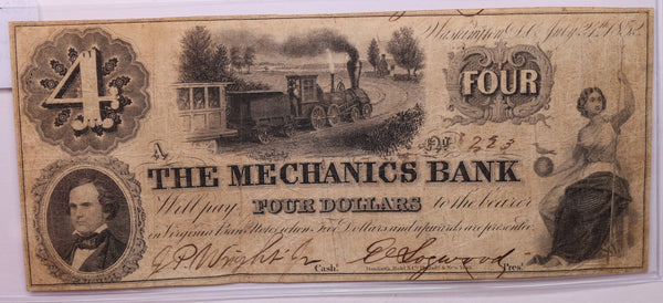 1852 $4, The Mechanics Bank., Wash D.C., Obsolete., #18411