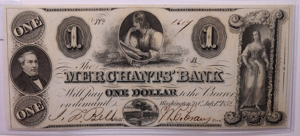 1852 $1, MERCANTILE BANK., Wash D.C., Obsolete., #18415