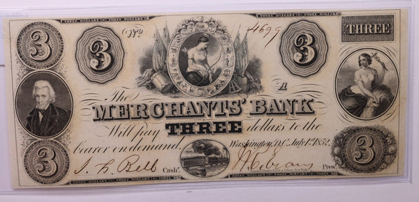 1852 $3, MERCHANTS' Bank, Wash D.C., STORE #18417