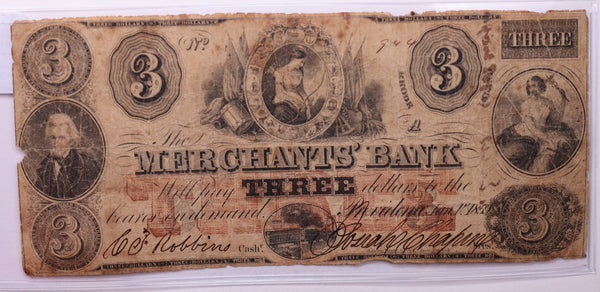 1859 $3, MERCHANTS' Bank, Wash D.C., Obsolete., STORE #18418