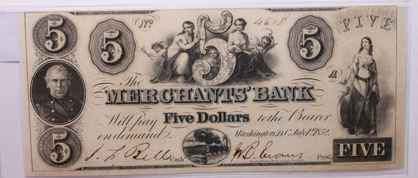 1852 $5, MERCHANTS' Bank, Wash D.C., Obsolete., STORE #18419