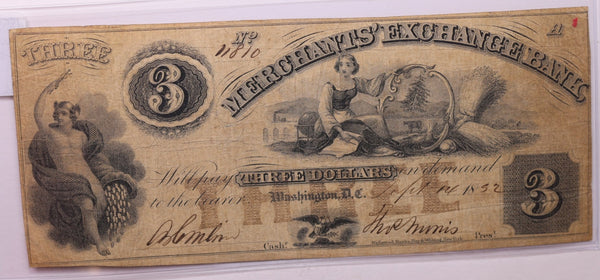1852 $3, MERCHANTS' Bank, Wash D.C., Obsolete., STORE #18421