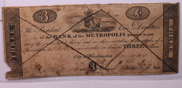 1865 $3, Bank of Metropolis, Wash D.C., Obsolete., STORE #18423