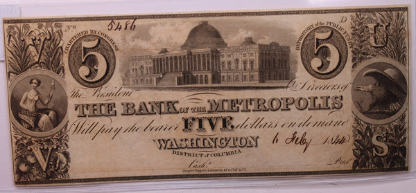 1844 $5, Bank of Metropolis, Wash D.C., Obsolete., STORE #18424