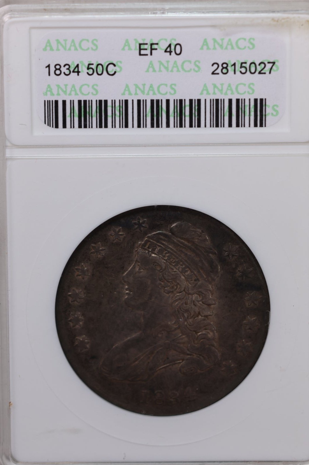 1834 Capped Bust Half Dollar, ANACS EF 40., Circulated Coin. Store #03316