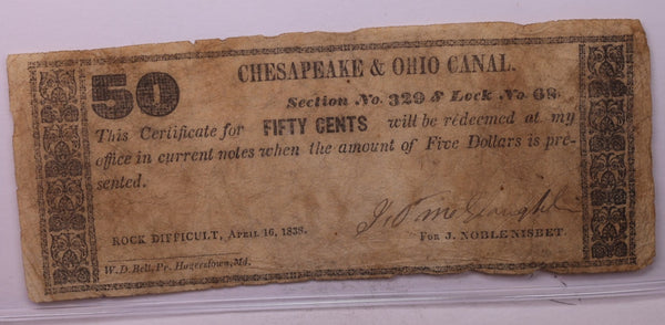 1838 50 Cent., CHESAPEAKE & OHIO CANAL CO., STORE #18442