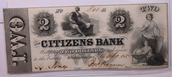 1854 $2, CITIZENS BANK, Wash D.C., OBSOLETE., STORE #18444