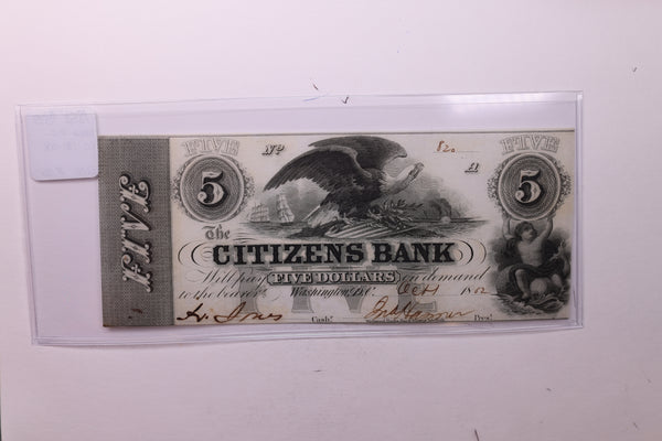 1852 $5, CITIZENS BANK, Wash D.C., OBSOLETE., STORE #18445