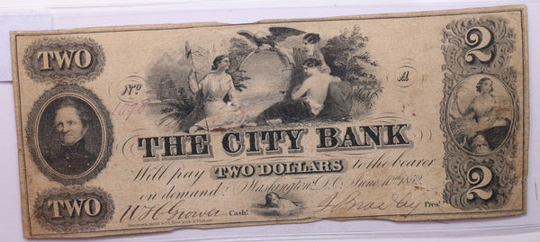 1852 $2, City Bank, Wash D.C., Obsolete Currency, STORE #18449
