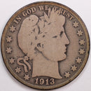 1913-S Barber Half Dollar, Very Good Circulated Coin, Store