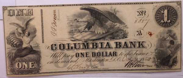 1852 $1, COLUMBIA BANK, WASH, D.C., Obsolete, STORE #18451