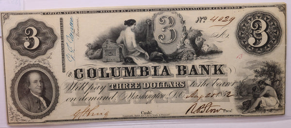 1852 $3 COLUMBIA BANK, WASH, D.C., Obsolete, STORE #18452