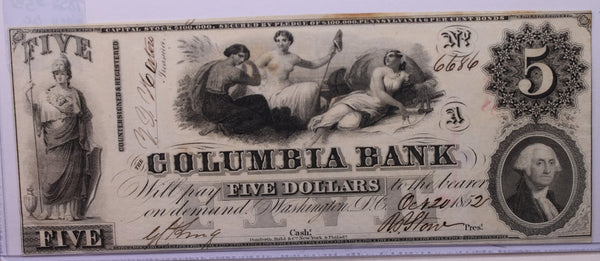 1852 $5 COLUMBIA BANK, WASH, D.C., Obsolete, STORE #18453