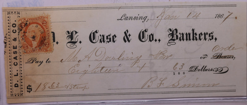 1867 $18.63, Check-D.L. Case Bankers., Lansing, MI., STORE