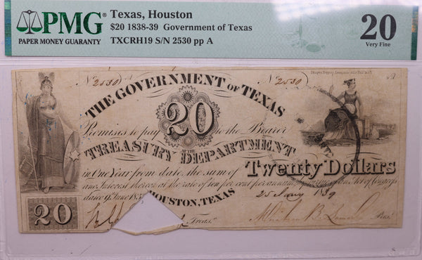1838-39 $20, Houston, Texas, Government Issue., STORE #18472
