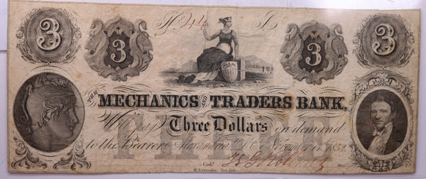 1852 $3, Mechanics Traders Bank., Alexandria, Wash D.C., STORE #18474