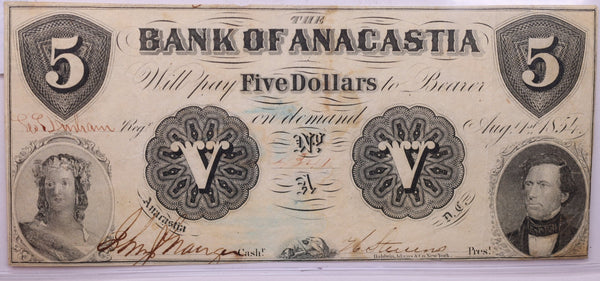 1854 $5, Bank of ANACASTIA., Alexandria, Wash D.C., STORE #18476