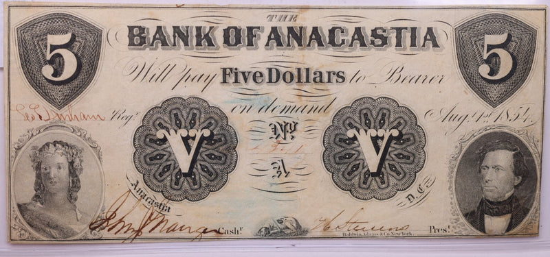 1854 $5, Bank of ANACASTIA., Alexandria, Wash D.C., STORE