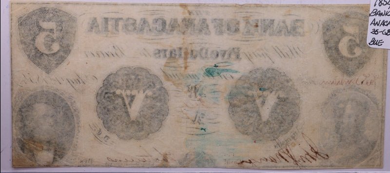 1854 $5, Bank of ANACASTIA., Alexandria, Wash D.C., STORE