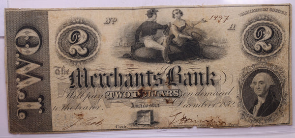 1852 $2, Merchants Bank, ANACASTIA., Alexandria, Wash D.C., STORE #18480