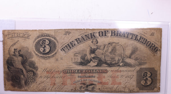 1857 $3, Bank of BRATTLEBORO,., ALTERED, Wash D.C., STORE #18486