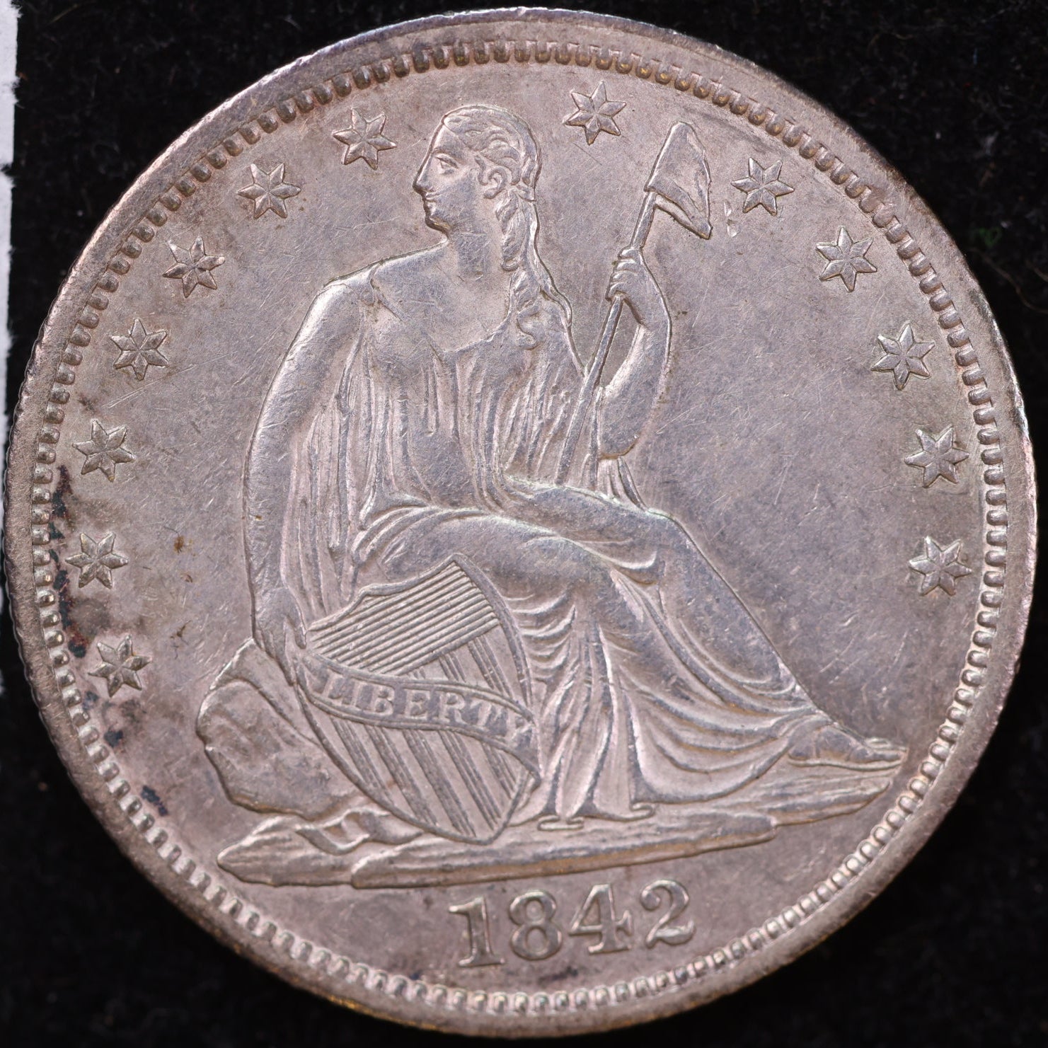 1842 Liberty Seated Half Dollar, About Uncirculated Coin, Med Date, Store #14122