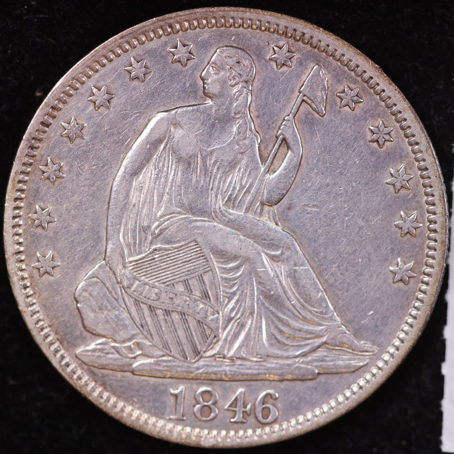 1846 Liberty Seated Half Dollar, Tall Date, About Uncirculated Coin. Store #14129