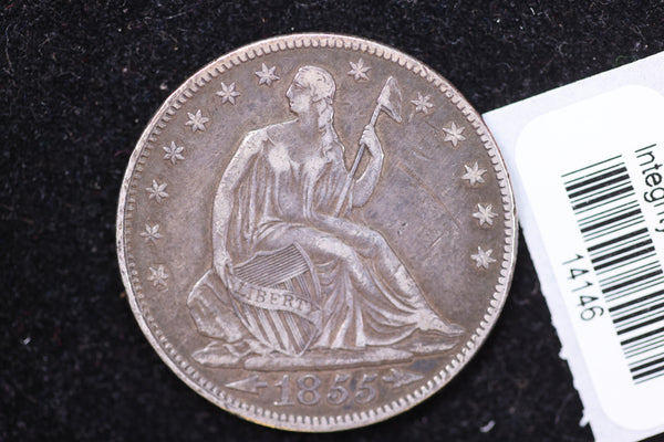 1855 Seated Liberty Half Dollar, Nice Strike, Circulated Coin, Store #14146